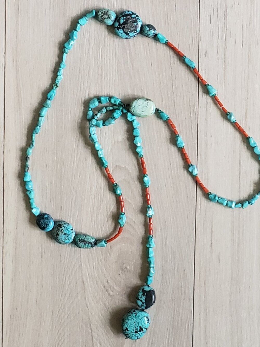 Vintage Turquoise Nugget Lariat Necklace Red Coral Style Southwestern Boho‎